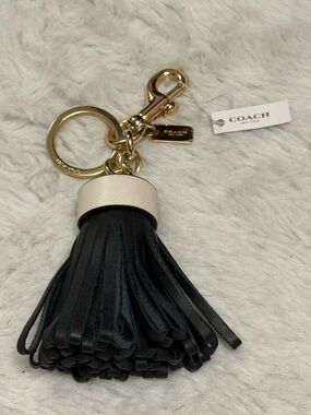 COACH Black Leather Tassel Key & Card Holder with Cream Cap